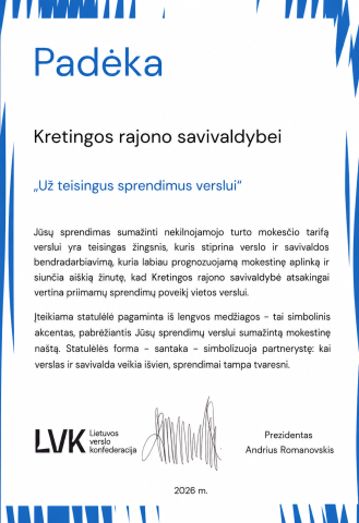 Kretingos rajono savivaldybei – įvertinimas už „Teisingus sprendimus verslui“
