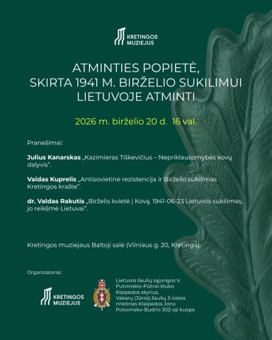 Kretingos muziejuje vyks Atminties popietė, skirta Birželio sukilimui paminėti